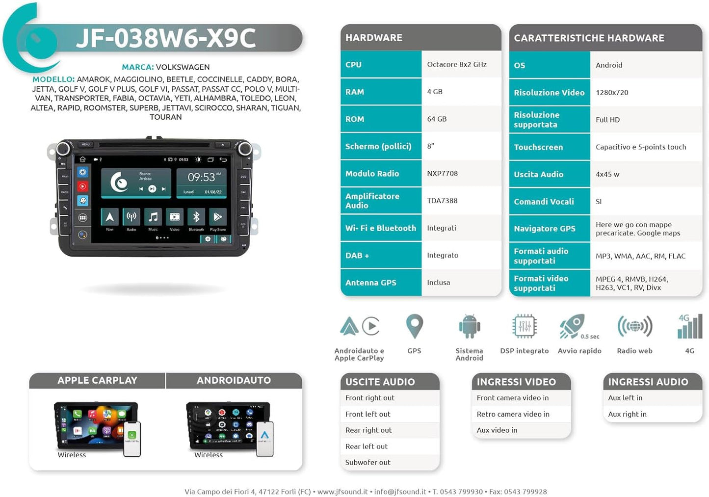 Autoradio Volkswagen Golf Sharan Tiguan – Multimedia Systeem – Infotainment – Navigatie Systeem – Touchscreen Radio – 8 Inch Scherm – 8-Core Processor – Apple CarPlay & Android Auto
