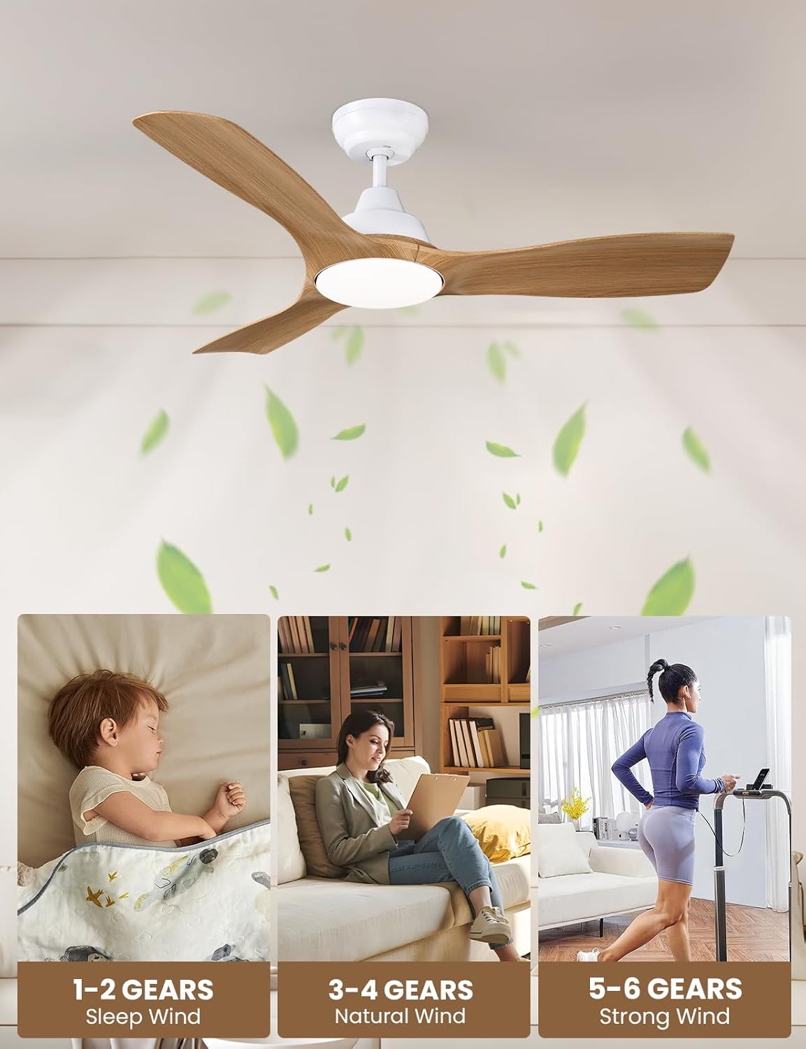 CJOY Plafondventilator met verlichting en afstandsbediening, plafondlamp, 106 cm, 3 bladen van ABS-hout, DC, omkeerbaar, stil, driekleurig, temperatuurled, dimbaar, 6 snelheden voor slaapkamer
