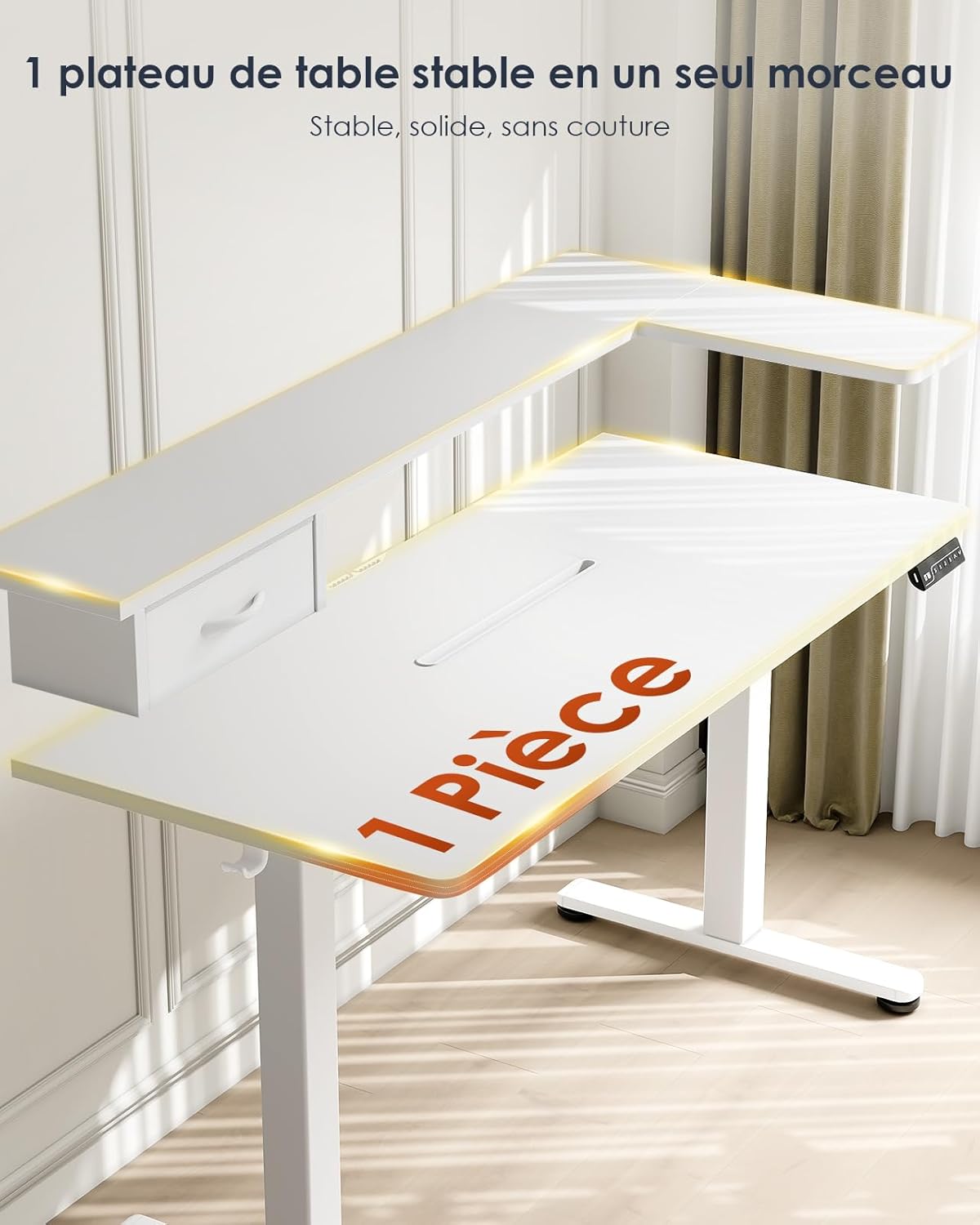 OffiGo Height Adjustable Desk, One-Piece Tabletop, 120x60 Electric Desk with L Monitor Holder, Standing Desk with Drawer, Standing Desk with USB, Ergonomic Computer Desk, White - QUORE