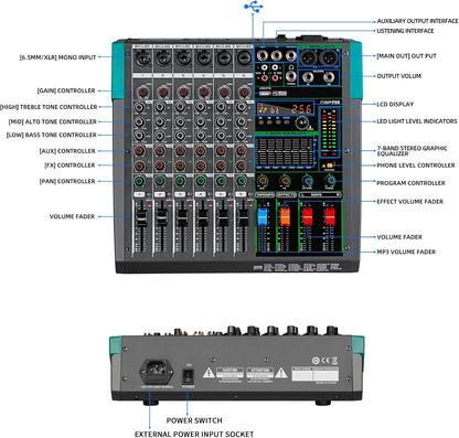 DJ Audio Mixer – Mengpaneel – Mixer – Mengtafel – Geluidsmixer – 6 Kanalen – Bluetooth en USB/MP3 – 256 DSP Effecten