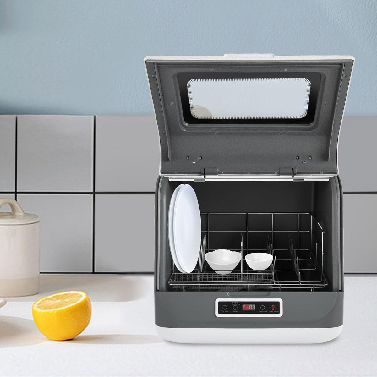 Mini-tafelvaatwasser, kleine vaatwasser, vaatwasser, vaatwasser, vaatwasser voor kleine keukens en appartementen, 4-6 sets met touch-bediening, 800 W, restwarmte drogen, luchtkoeling ruimtebesparend