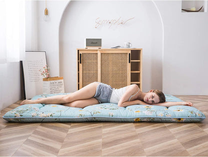MAXYOYO Japanse vloermatras Futon-matras, Dikker Tatami-mat Slaapmat Opvouwbaar Opklapbaar Matras Slaapzaal Matras Pad Vloerligbed Kussen Bed (Groen Bloemen, Eenpersoons)