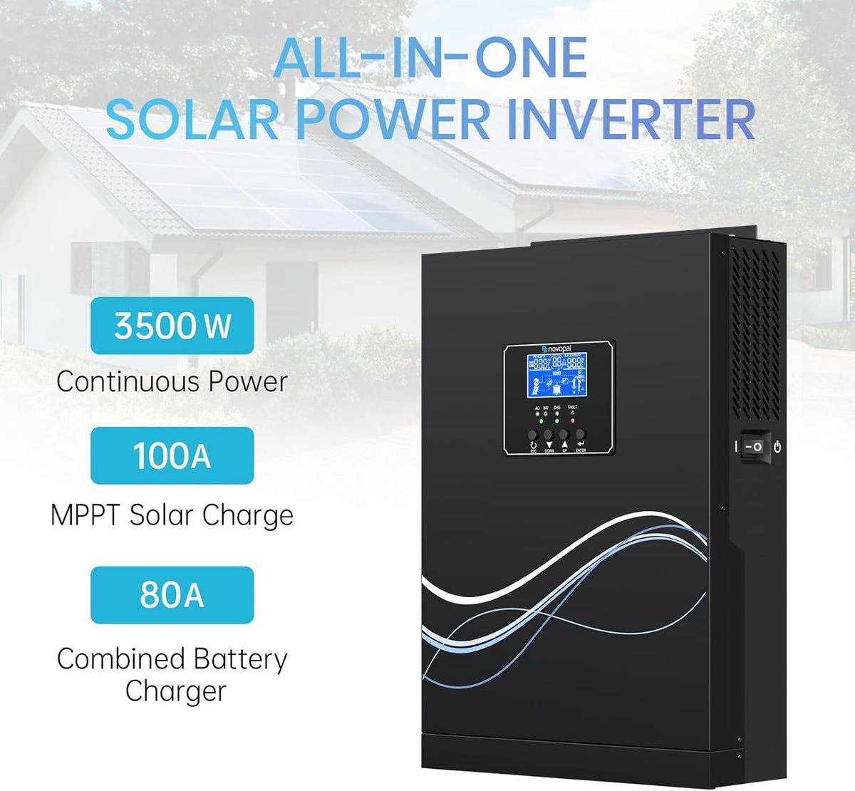 NOVOPAL® 3500 W Hybride omvormer 24 V DC naar 220 V/230 V AC Off Grid Pure Sinus Solar Converter met 100 A MPPT laadregelaar PV maximaal 120-450 V DC werk met 24 V lood