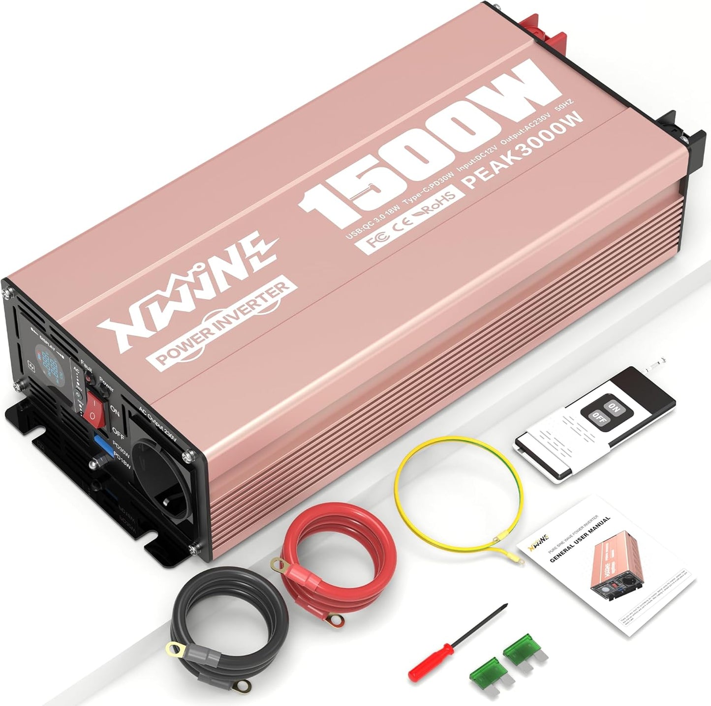 XWJNE Omvormer, 12 V, 220 V/230 V, zuivere sinusgolf, 1500 W, spanningsomvormer met AC-aansluiting, USB-A en USB-C, lcd-display, 5 m afstandsbediening, voor camper, vrachtwagen, huis en noodgevallen