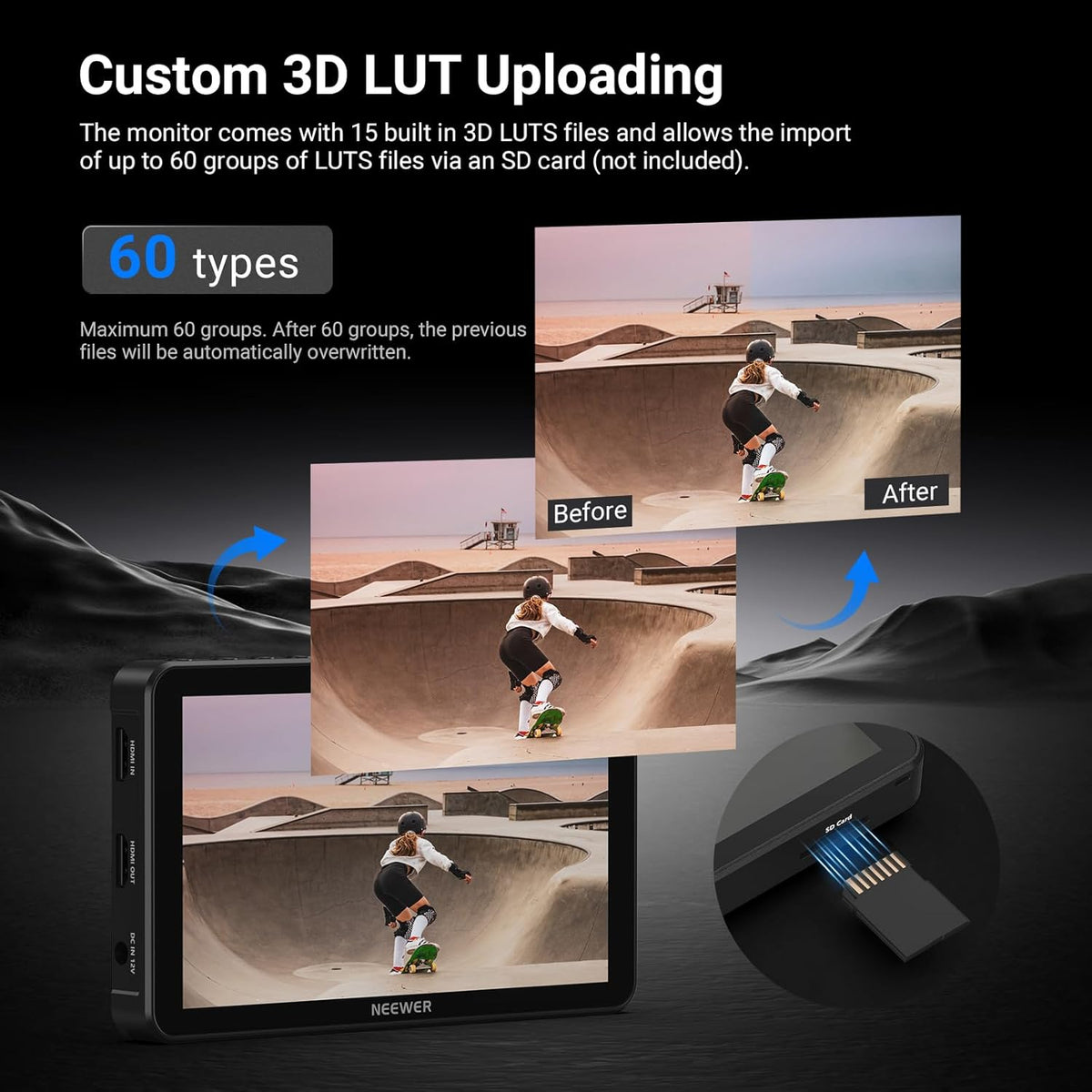 NEEWER F600 7 inch camera veldmonitor, 2400nit HD 1920x1080 IPS-touchscreen met 3D LUT, 4K HDMI-lus/uitgang met Peak Focus DSLR Video Assist HDR-golfvorm, koude schoenhouder, batterij niet inbegrepen