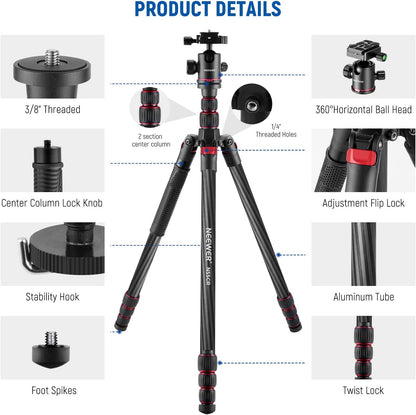 NEEWER Opgewaardeerde 80.5" Carbon Fiber Camera Statief Monopod met Telescopische 2 Sectie Center Axes, 360 ° Panorama Ballhead, 1/4" Arca Type QR Plaat, Reisstatief met ø28mm kolom, Max Belasting 20