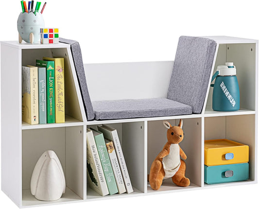 HOMCOM Children's Shelf Bookshelf with Stool Children's Bench with 6 Compartments Seat Box with 3 Cushions Toy Box from 3 Years Foam White + Grey 103 x 30 x 60 cm - QUORE
