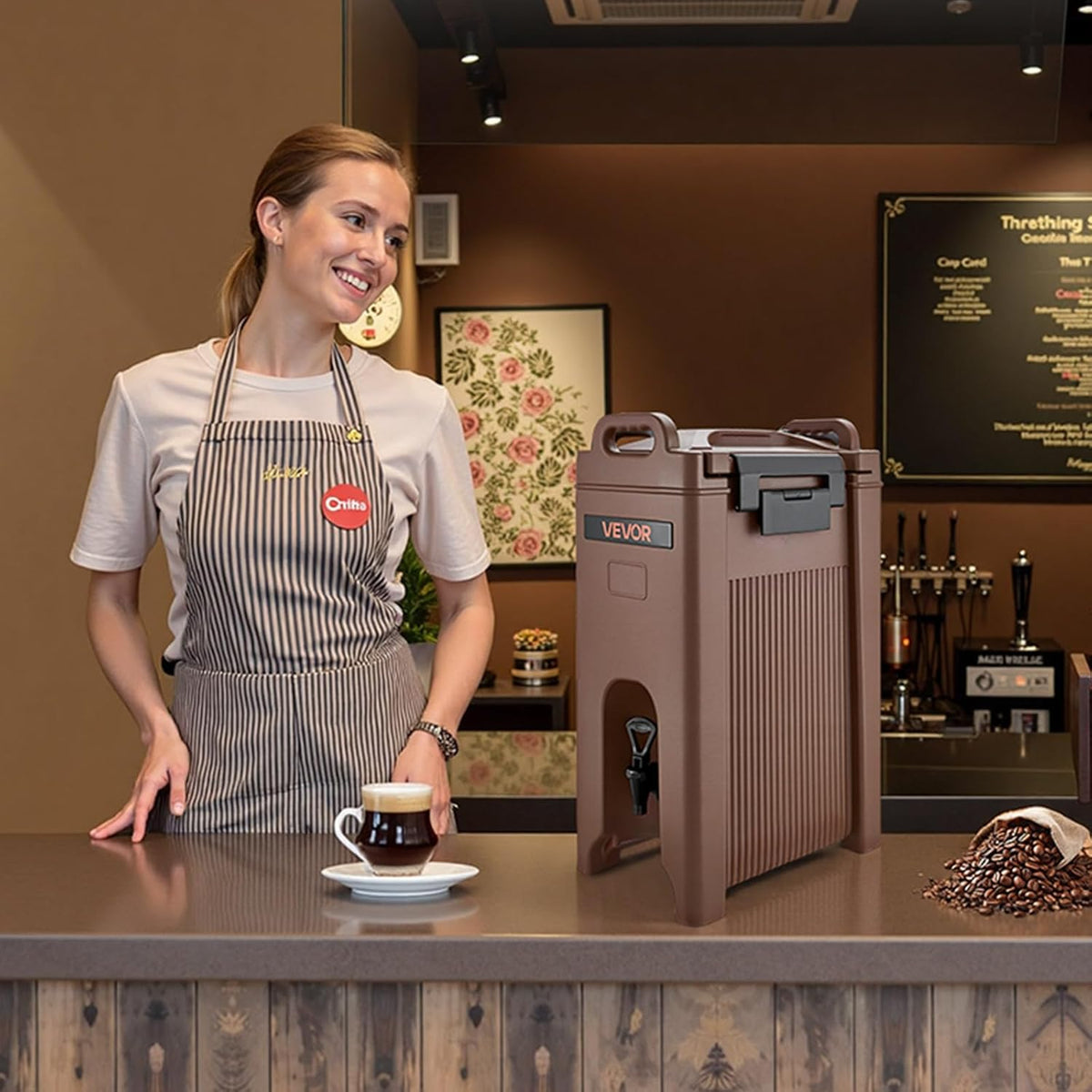 VEVOR Geïsoleerde drankdispenser, 19 l, warme en koude drankdispenser met tapkraan en handvat, voedselveilige thermische drankdispenser, koeler voor thee, koffie, water in cafés en restaurants, bruin
