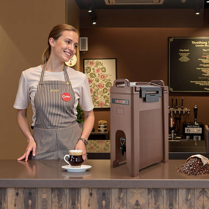 VEVOR Geïsoleerde drankdispenser, 19 l, warme en koude drankdispenser met tapkraan en handvat, voedselveilige thermische drankdispenser, koeler voor thee, koffie, water in cafés en restaurants, bruin