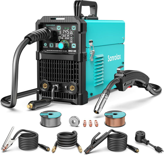 145A MIG Lasser, 110/220V Dual Voltage Flux/Solid Core MIG Lasser/Lift TIG/Stick 3 in 1 MIG lasmachine, MIG145 9GEN Synergy Flux IGBT Welder Digitale Scherm Display
