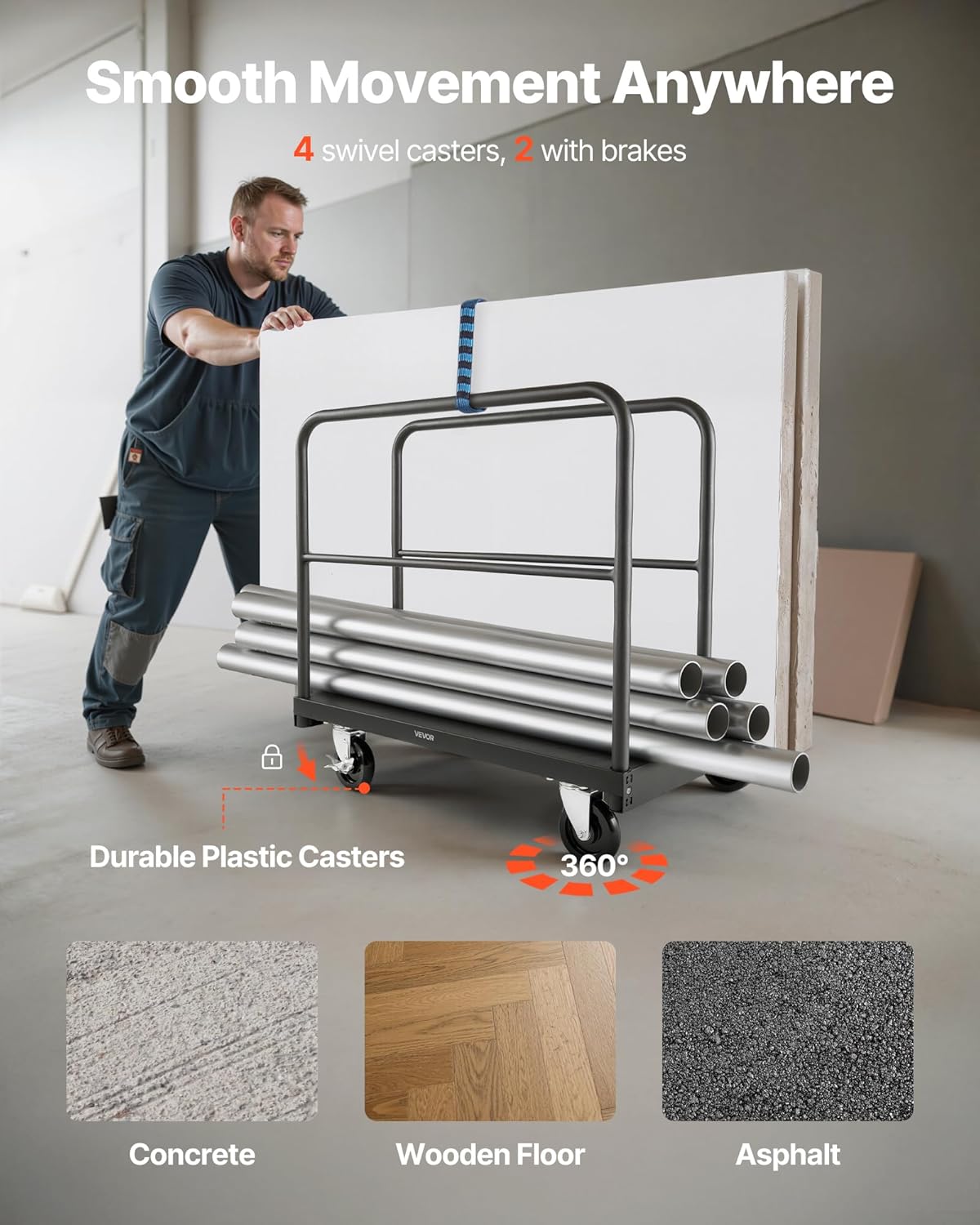 VEVOR Drywall Trolley Load Capacity 810 kg Steel Plates 12.5 mm Casters Platform 91.5 x 61 cm 4 Side Rails for Factory Garage Black