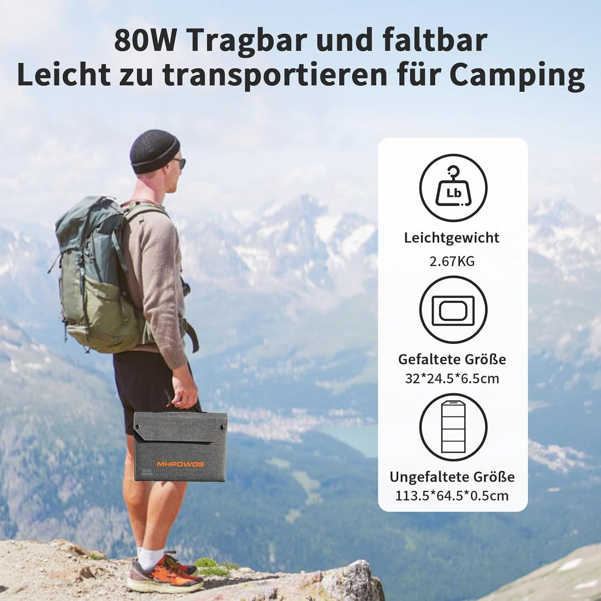 80 W draagbaar zonnepaneel, 19 V opvouwbare zonnelader met USB-C-, USB-A- en DC-uitgangen, IP65-waterdicht, voor draagbare krachtcentrale, iPhone, iPad, camping, wandelen, outdoor reizen