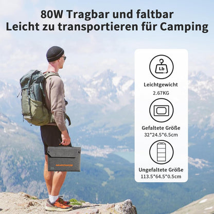 80 W draagbaar zonnepaneel, 19 V opvouwbare zonnelader met USB-C-, USB-A- en DC-uitgangen, IP65-waterdicht, voor draagbare krachtcentrale, iPhone, iPad, camping, wandelen, outdoor reizen