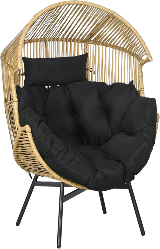 Outsunny Rattan Chair Rattan Wicker Chair with Thick Seat Cushion Egg Garden Chair 120 kg Load Capacity for Patio, Garden, Sand - QUORE