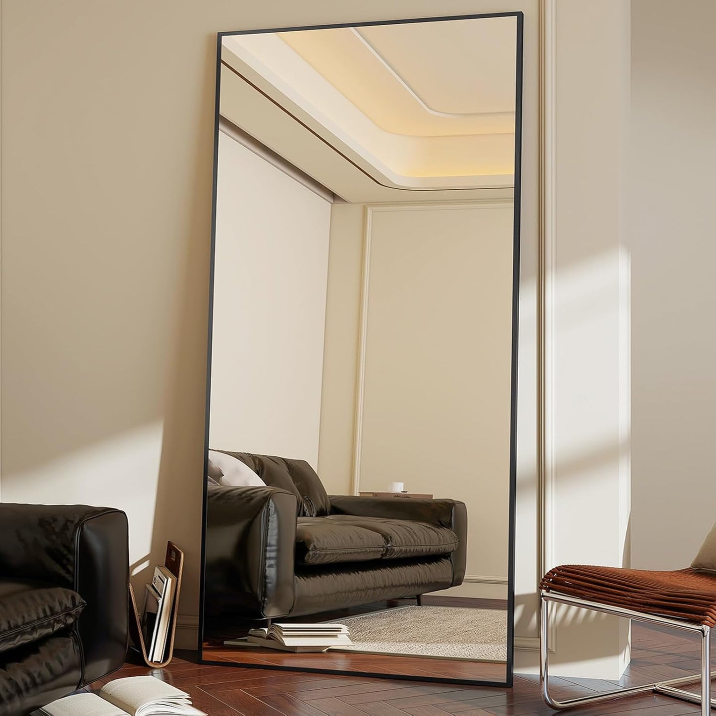 Koonmi 89 x 198 cm grote staande spiegel, robuuste full-body spiegel met minimalistisch smal aluminium frame, moderne grote wandspiegel, staand of hangend voor woonkamer en slaapkamer, zwart