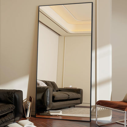 Koonmi 89 x 198 cm grote staande spiegel, robuuste full-body spiegel met minimalistisch smal aluminium frame, moderne grote wandspiegel, staand of hangend voor woonkamer en slaapkamer, zwart