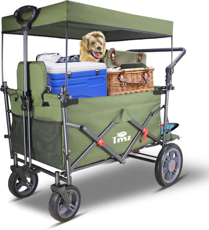TMZ Opvouwbare bolderkar met 2 geïntegreerde klapstoelen, handwagen met remmen en dak, inklapbare transportwagen, draagvermogen 120 kg, voor alle terreinen, camping, strand, winkelen (groen)