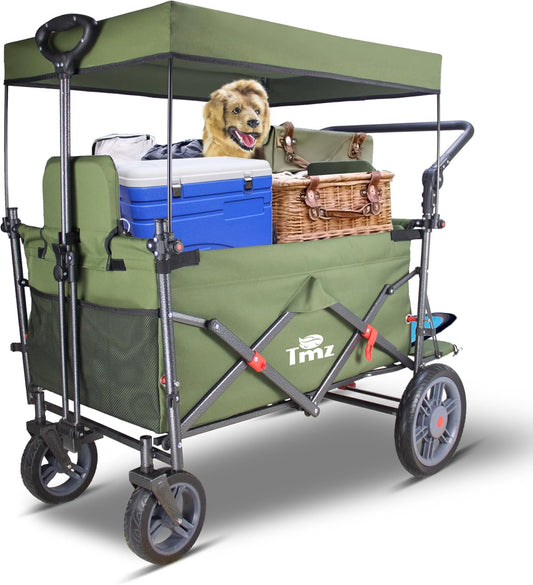 TMZ Opvouwbare bolderkar met 2 geïntegreerde klapstoelen, handwagen met remmen en dak, inklapbare transportwagen, draagvermogen 120 kg, voor alle terreinen, camping, strand, winkelen (groen)