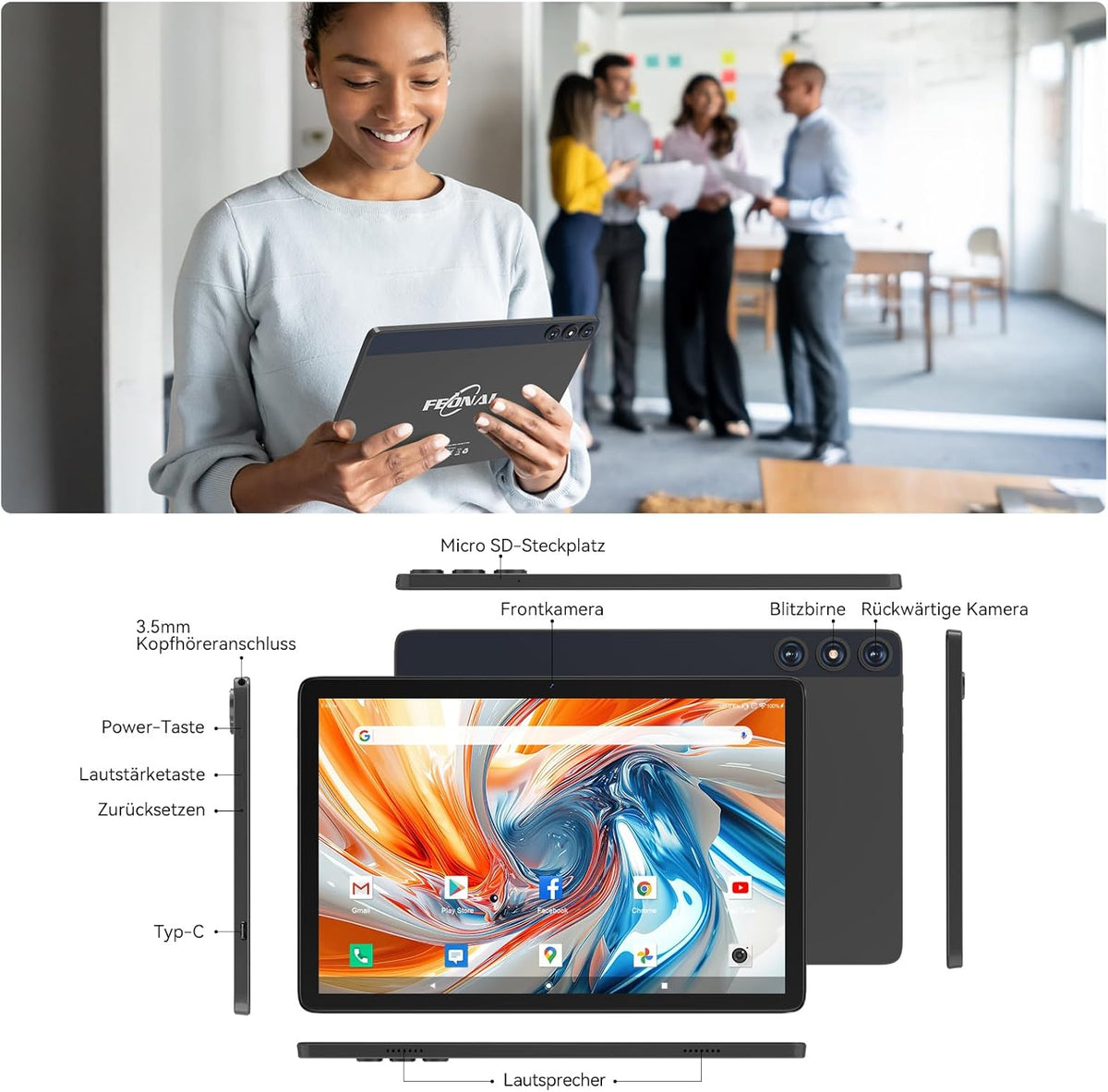 Nieuwste Android 14 Tablet 10 inch, 4G LTE tablets met 2 SIM 1 SD-sleuf, 5G Wifi Tablet PC met 14GB + 128GB (1TBTF), 3-in-1 tablet met toetsenbord, muis-octa-core, 1080FHD, 13MP + 8MP, 7000mAh,