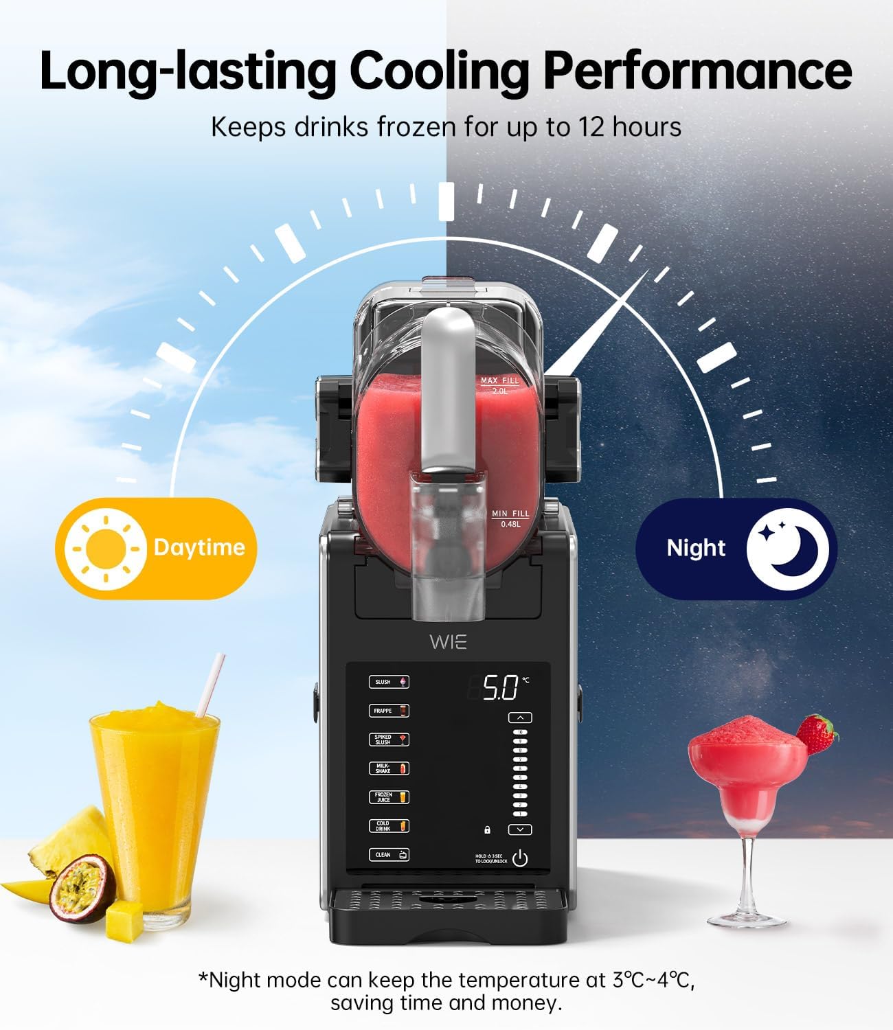 WIE Slush-machine, ijsmachine, dessertmachine, milkshake, frappé wijn, automatische reiniging, 2 liter inhoud, turbo freeze, geen ijs nodig