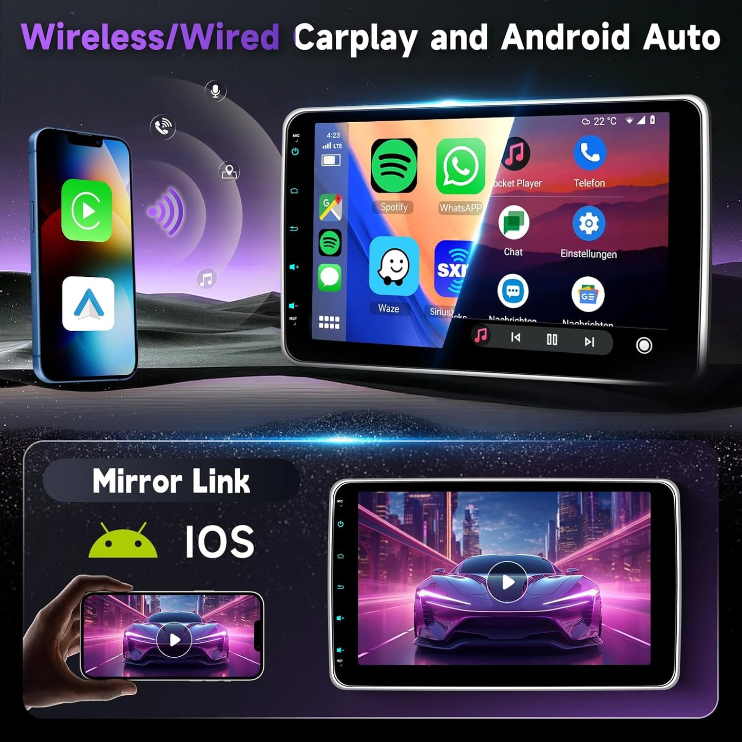 Hodozzy Car radio 1 Din with twisted 10.1 inch touch screen, car radio 1 Din with wireless CarPlay/Android car/mirror link, MP5 player with Bluetooth, radio FM, HD online video, EQ, USB/type C + - QUORE