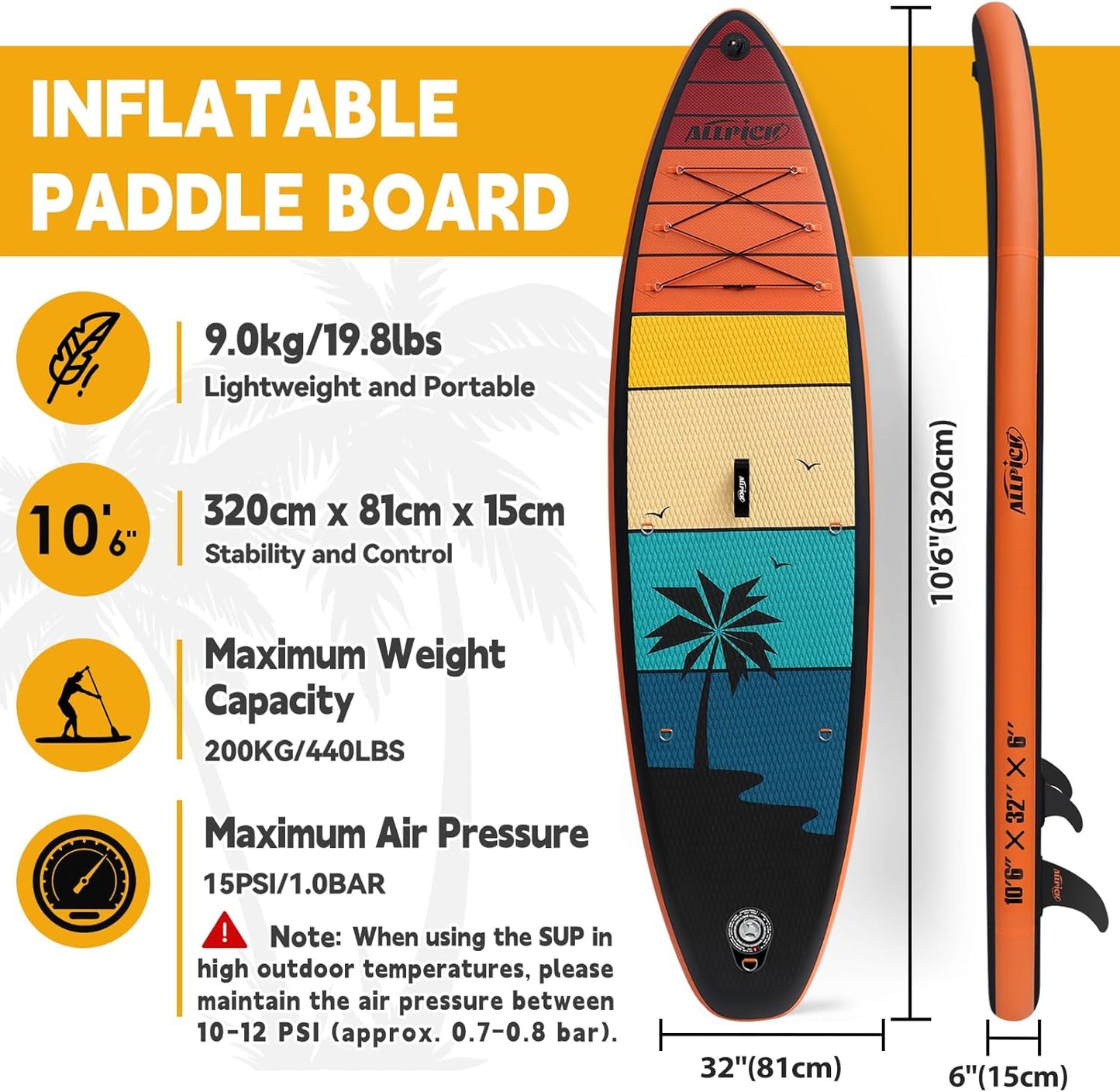 ALLPICK Stand Up Paddle Board, Opblaasbaar Paddleboard, Met Universele Camerabevestiging, Complete Accessoires, Verstelbare Peddel, Geschikt Voor Beginners en Gevorderde Peddelaars, 200 kg