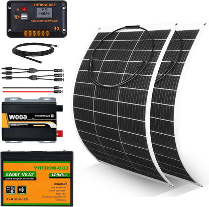 ECO-WORTHY 260 W 12 V flexible solar panel, complete kit: 2 x 130 W flexible solar panel + 100 Ah lithium battery + 600 W 12 V sine wave inverter + 30 A PWM charge controller - QUORE