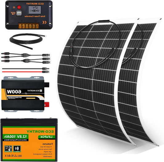 ECO-WORTHY 260 W 12 V flexible solar panel, complete kit: 2 x 130 W flexible solar panel + 100 Ah lithium battery + 600 W 12 V sine wave inverter + 30 A PWM charge controller - QUORE