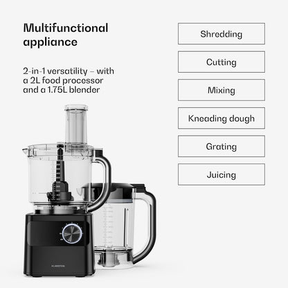 Klarstein Velaire keukenmachine met blender – multifunctionele keukenmachine van 1200 W, kom van 2 liter, blender van 1,75 liter, 6 programma’s en snelheden, sapcentrifuge- en vleesmolenopzetstukken