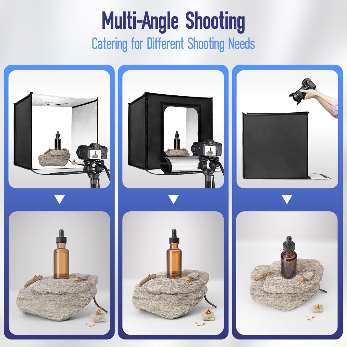 EMART Fotobox 60 x 60 cm, dimbare fotostudioset met 5 productfotoachtergronden en 3 kleuren licht, voor levensmiddelen, sieraden, productfotografie