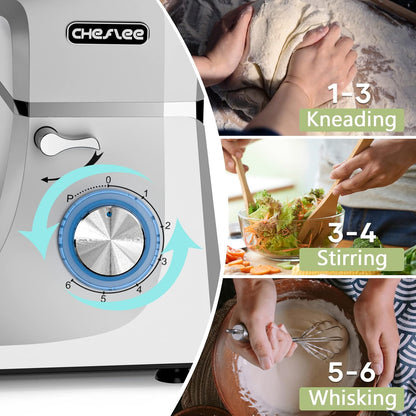 CHeflee Keukenmachine, 1800 W, krachtige kneedmachine, met kneed- en roerfunctie, 6 snelheden, geluidsarme deegkneedmachine, 7,2 liter, roestvrijstalen kom, deeghaak en garde, spatbescherming