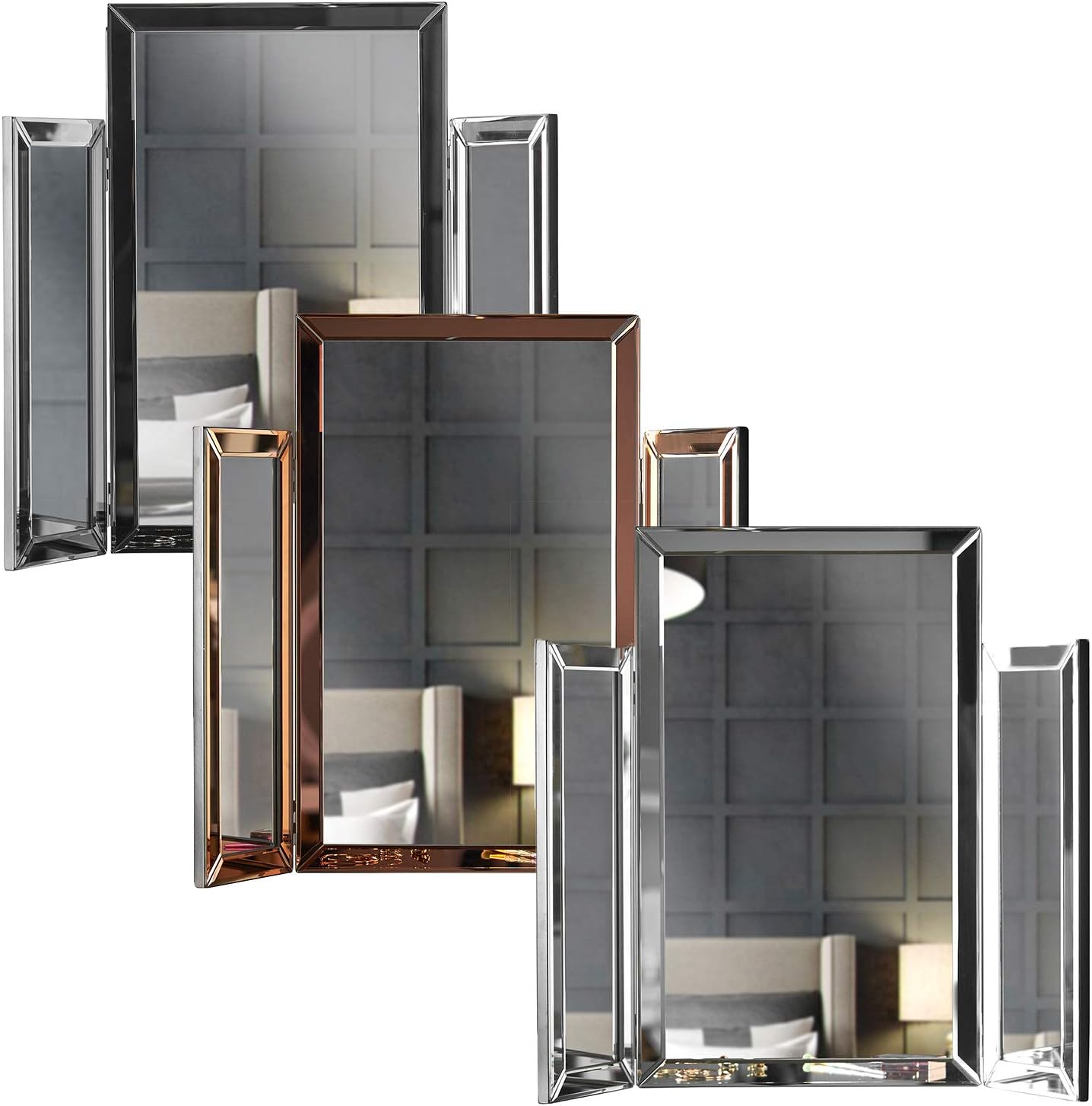 CARME Paloma Tri-Fold Makeup Mirror Beveled Glass Design Folded Tabletop Bedroom Dressing Vanity Table - QUORE