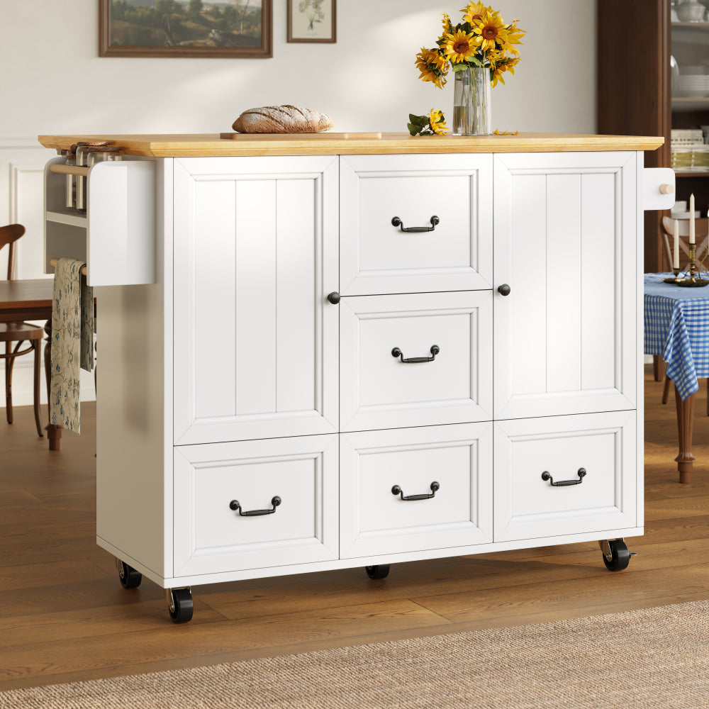 White Modern Mobile Kitchen Island Cabinet with Adjustable Shelves, Double Doors & 5 Drawers - Heavy-Duty Metal Construction, Pull-Out Kitchen Cart with Towel Rack & Spice Rack, Rolling Storage Cabinet with Black Legs, Space-