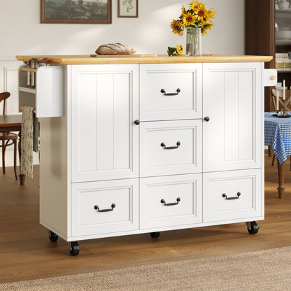 White Modern Mobile Kitchen Island Cabinet with Adjustable Shelves, Double Doors & 5 Drawers - Heavy-Duty Metal Construction, Pull-Out Kitchen Cart with Towel Rack & Spice Rack, Rolling Storage Cabinet with Black Legs, Space-