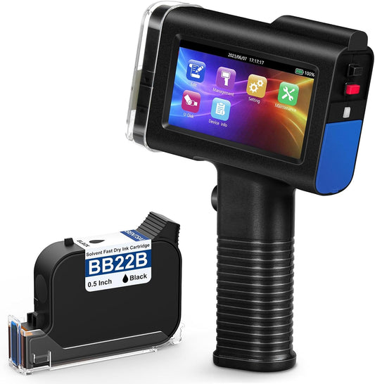 BENTSAI BT-HH6105B2 Draagbare labelprinter voor het afdrukken van QR-barcode, productiedatum, serienummer logo en serienummer op zakken van karton, hout, glas, kunststof (blauw)