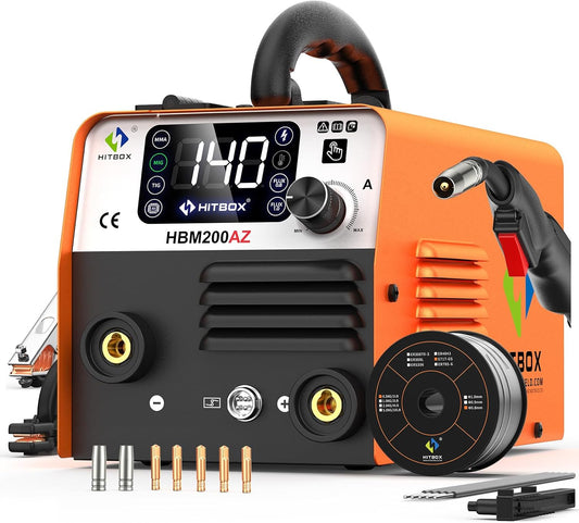 HITBOX MIG Lasser 140A 4-in-1, Compacte IGBT Inverter met 0,8 mm Draad – Draadloze Lasser, ARC, Lift TIG, Spool Gun Zonder Gas voor Hobby en Doe-Het-Zelf (HBM200AZ)