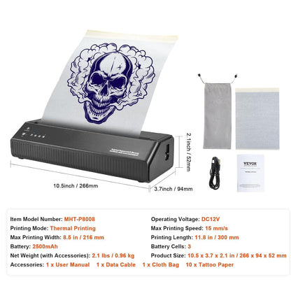Tattoo Stencil Printer – Tattoo Printer – Tattoo Transferprinter – Tattoo Sjabloonprinter – Draadloze Tattoo Printer – Thermisch Printen Zonder Inkt – 2500mAh Draagbare Batterij