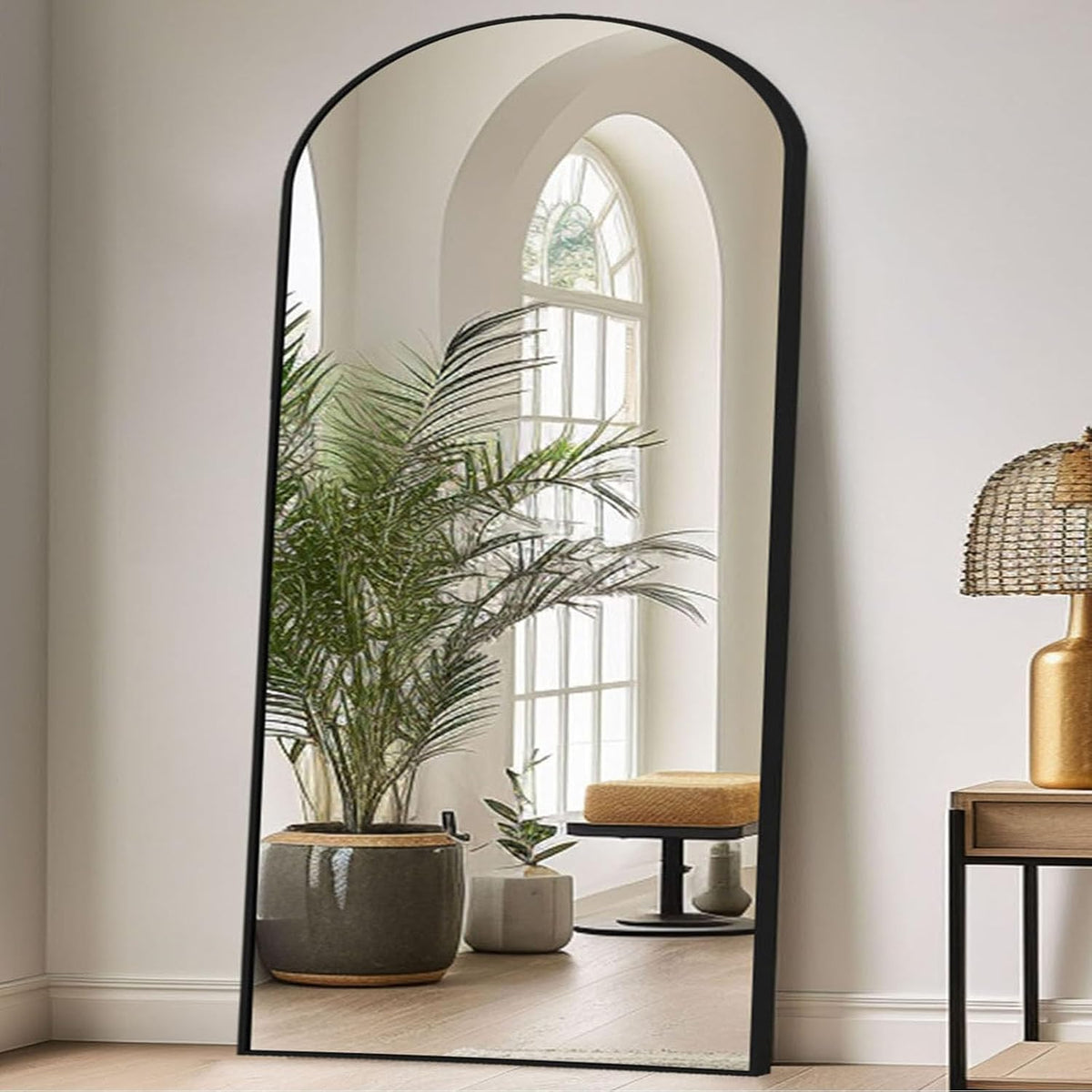 Full-body Spiegel – Vloerspiegel – Wandspiegel – Staande Spiegel – Lengtespiegel – Groot Zwart Boogframe – 204 x 104 cm – Veilig Nano-Glas – Vrijstaand & Muurmontage