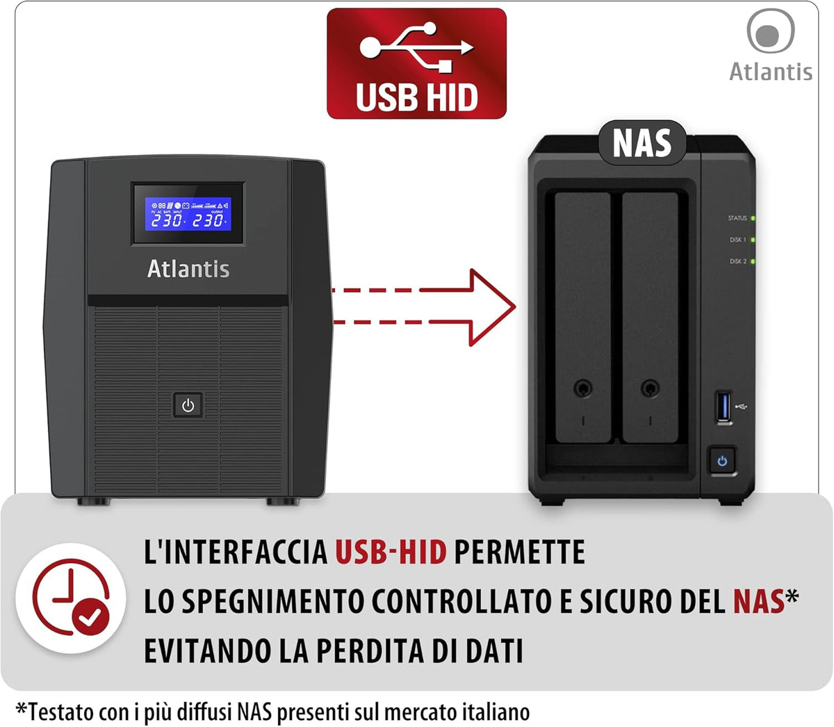 Atlantis A03-HP2003 Ononderbroken sinusgolf 1500 VA 900 W Line Interactive, LCD-display, USB-HID-aansluiting, 3 IEC-uitgangen + 2 geaarde stopcontacten + Alim-kabel, 2 accu's 12 V-9 Ah, bescherming