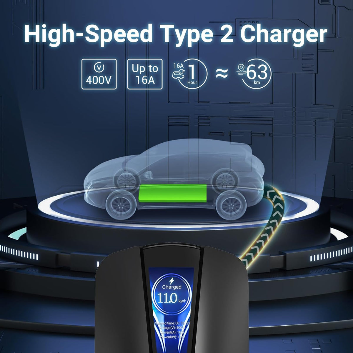 Tera EV oplader type 2 11 KW thuislaadstation Wallbox oplaadkabel elektrische auto met kabelhouder oplaadkabel 3-fasen CEE stekker 16A 5PIN kabel voor EV's en PHEV's Q8 zwart