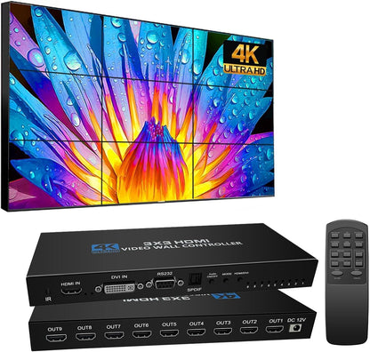 Videowallcontroller 3X3 4K30Hz HDMI Videowallprocessor TV-wandcontroller, 9-kanaals splitsingsdisplaycontroller met afstandsbediening voor 9 tv-schermen op 1 wanddisplay