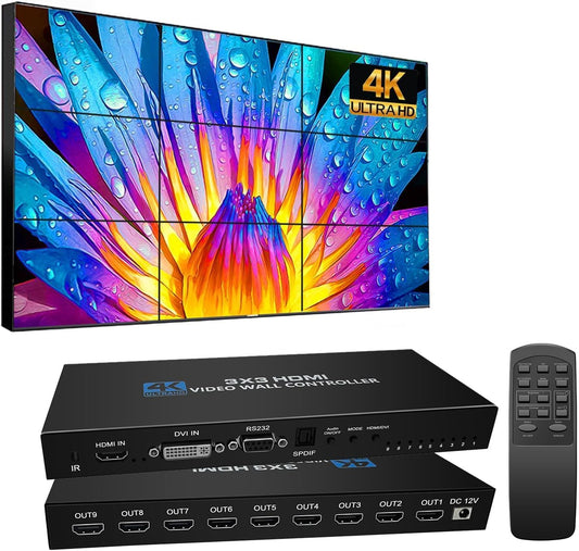 Videowallcontroller 3X3 4K30Hz HDMI Videowallprocessor TV-wandcontroller, 9-kanaals splitsingsdisplaycontroller met afstandsbediening voor 9 tv-schermen op 1 wanddisplay