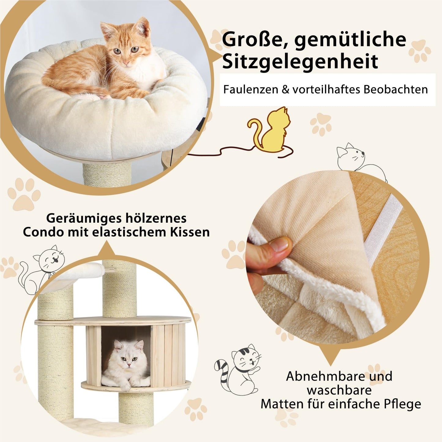 Krabpaal – Kattenkrabpaal – Kattenboom – Kattenhuis – Krabmeubel – 7 Niveaus – 197 cm Hoog – Inclusief Hangmat, Grot en Speelballen – Beige – Massief Hout & Sisal Bekleding