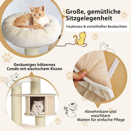 Krabpaal – Kattenkrabpaal – Kattenboom – Kattenhuis – Krabmeubel – 7 Niveaus – 197 cm Hoog – Inclusief Hangmat, Grot en Speelballen – Beige – Massief Hout & Sisal Bekleding