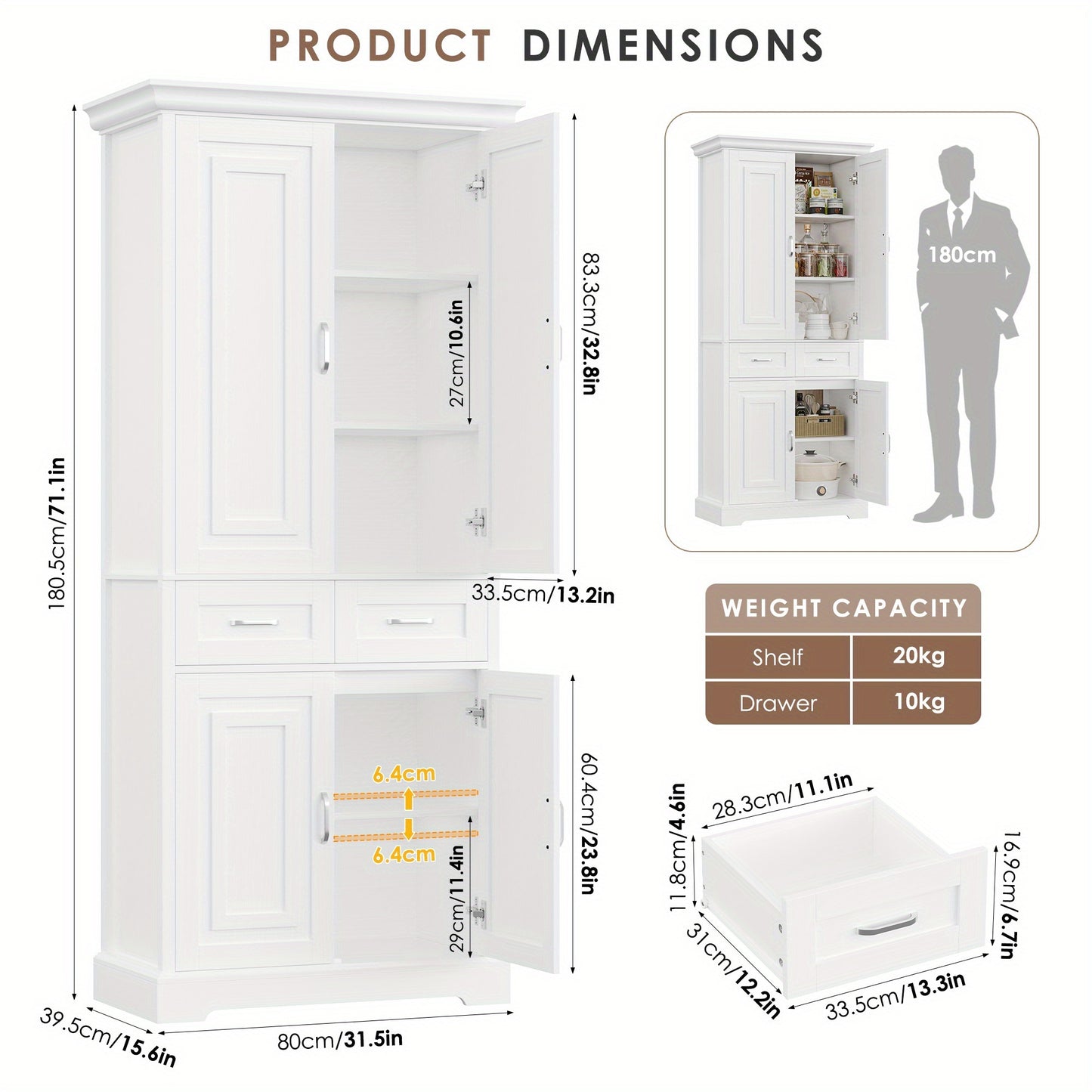 Kast – Opbergkast – Hoge Kast – Keukenkast – Dressoir – Wit – Hout – 69 cm Hoog – Ruime Indeling Met Lade en Deuren
