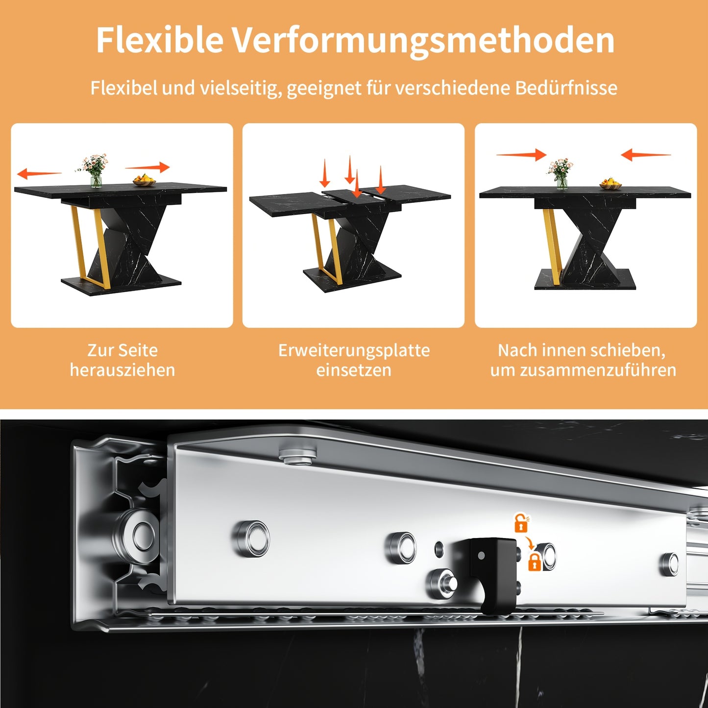 Uitschuifbare Eettafel – Lounge Tafel – Keukentafel – Eetkamertafel – Terrastafel – Marmerlook – Zwarte Centrale Voet – Geschikt Voor 6 Personen Tot 140 cm