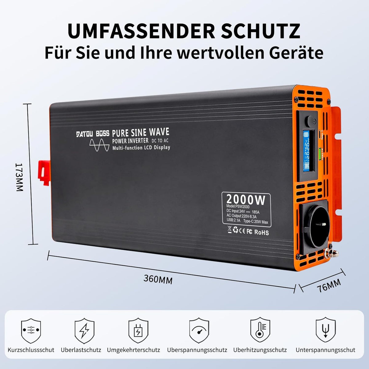 DATOUBOSS Omvormer 24v 230v Pure Sine 2000W Afstandsbediening Spanningsomvormer Pure Sine met 1 EU stopcontact USB & Type-c & LCD Display