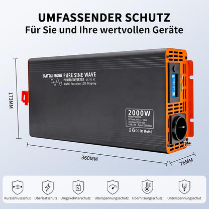 DATOUBOSS Omvormer 24v 230v Pure Sine 2000W Afstandsbediening Spanningsomvormer Pure Sine met 1 EU stopcontact USB & Type-c & LCD Display