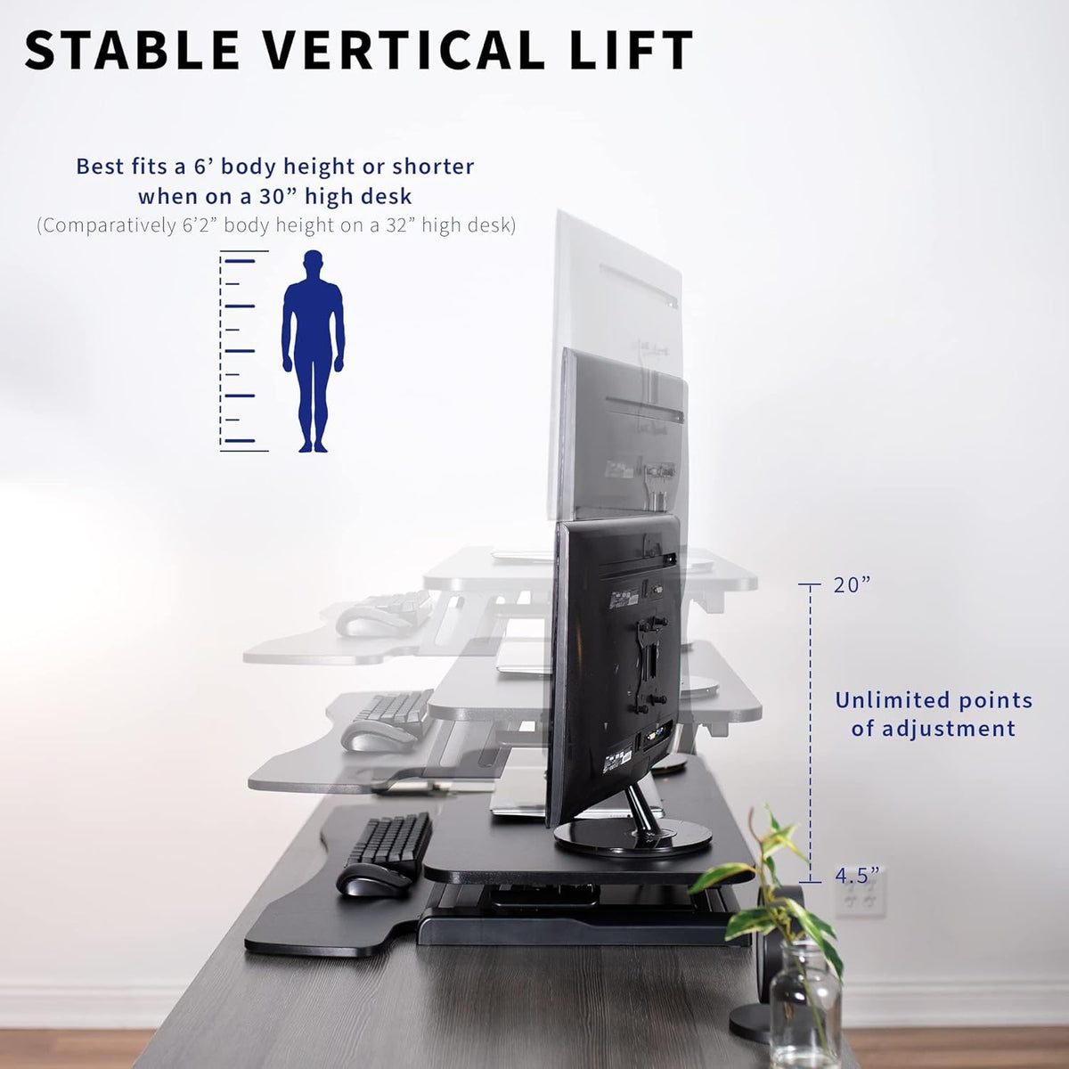 Vivo DESK-V036KB Height Adjustable Desk Attachment, Sit-Stand Dual Monitor Workstation and Laptop with Wide Keyboard Tray, Black, 36 Inch - QUORE
