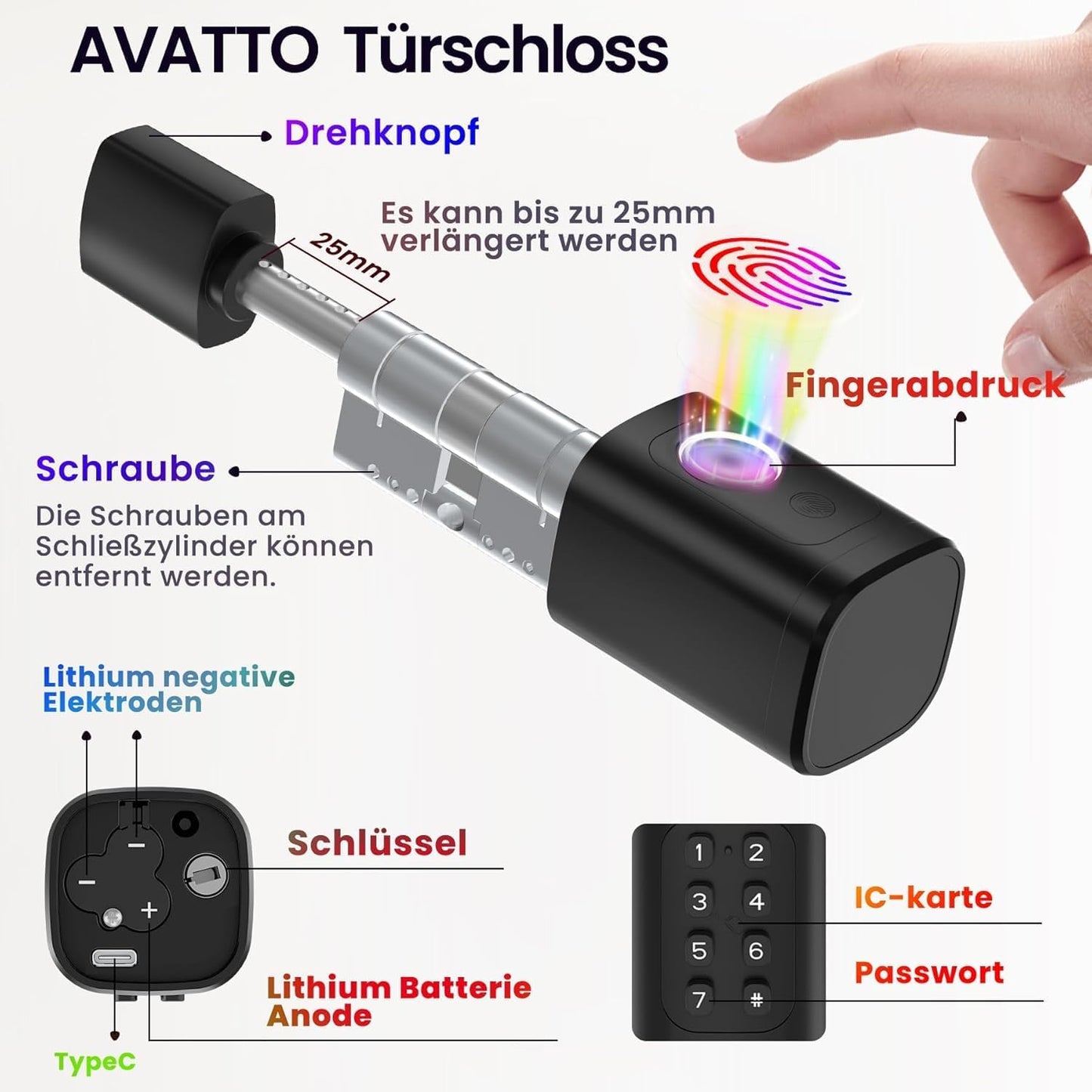 AVATTO Smart deurslot met vingerafdruk en wachtwoord voor 60-90mm deur, sleutelcilindermaat is verstelbaar, met sleutel, IC-kaart, ondersteunt Smart Life app voor afstandsbediening